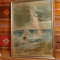 sejlbåd på havet høje bølger blåt hav gylden strand plakat i sølvramme gammel kunst